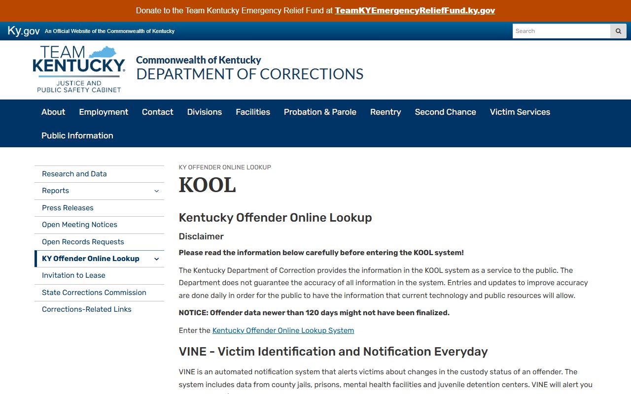 Kentucky KOOL information page for Trimble County state inmate search