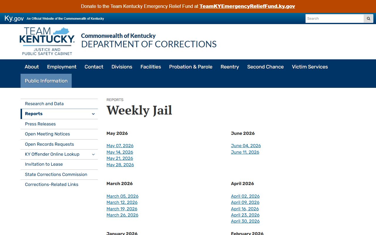 Kentucky DOC weekly jail report source for Trimble County inmate population
