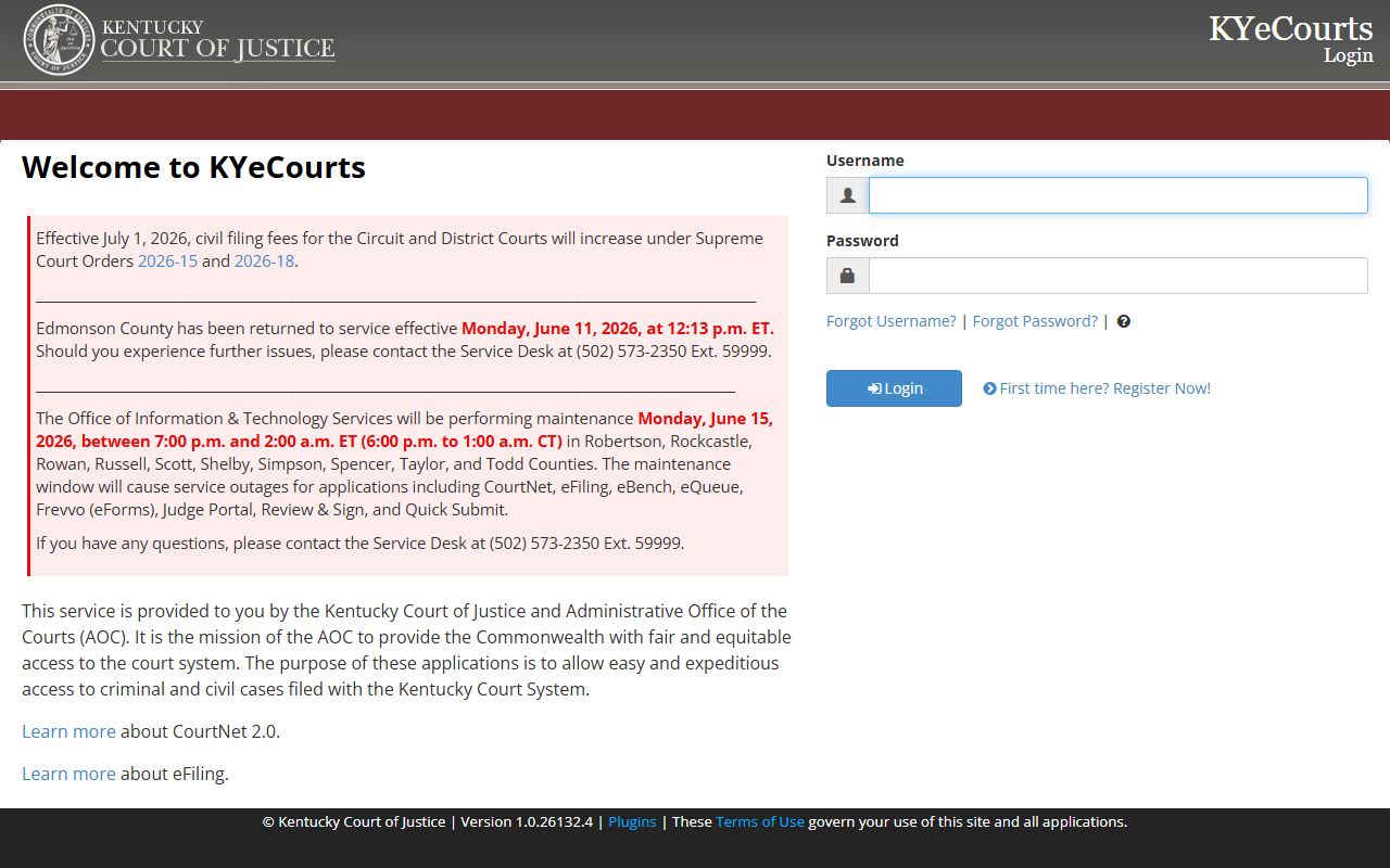 Trimble County court records after arrest KYeCourts CourtNet login fields