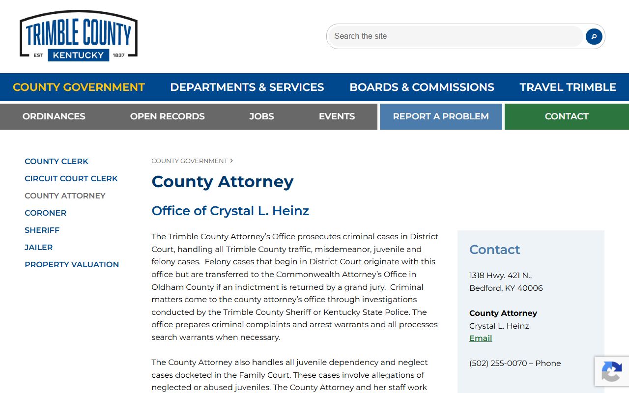 Trimble County court records after arrest County Attorney prosecution information