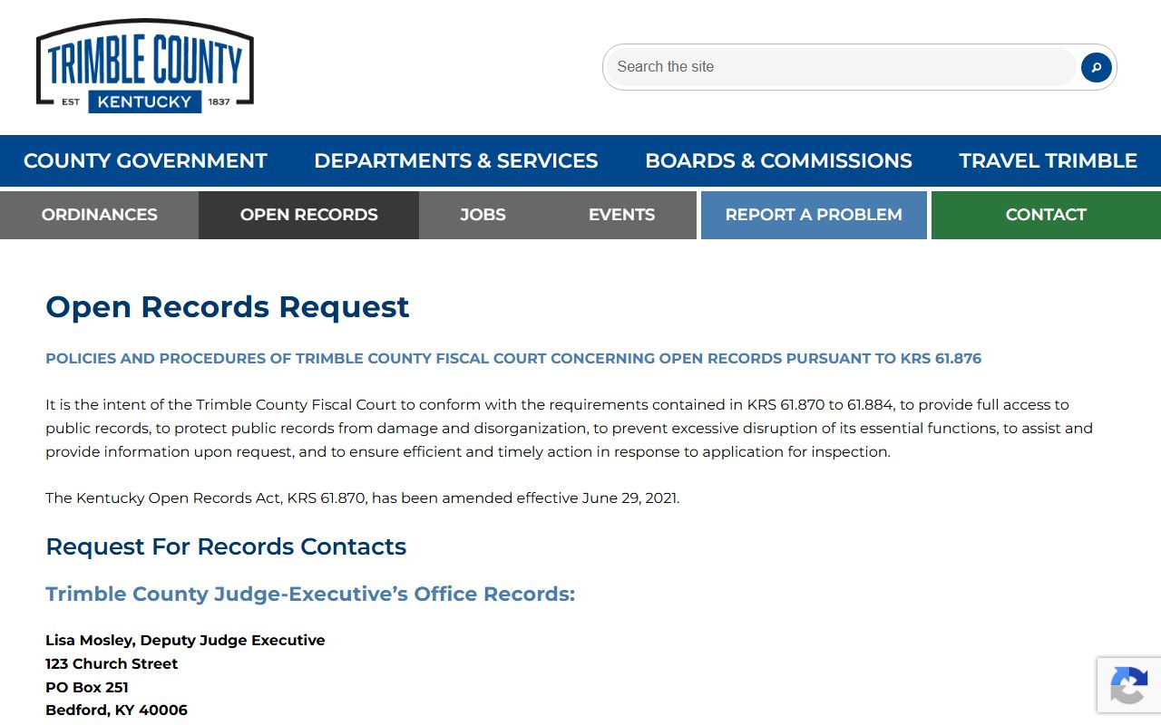 Trimble County open records page for inmate records requests